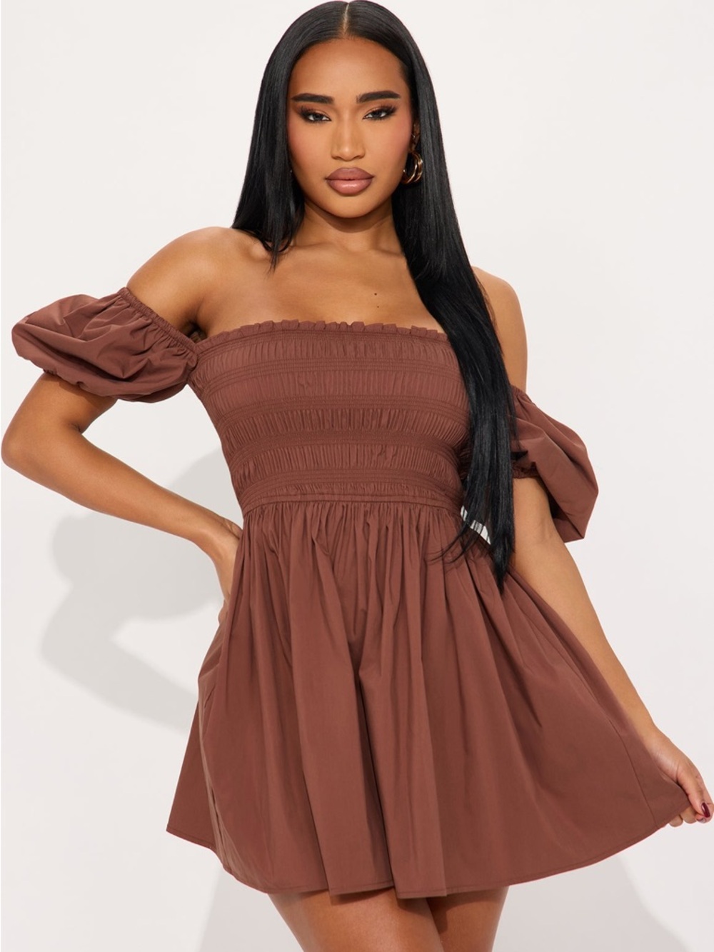 Fashion Nova Chocolate Brown Off-Shoulder Smocked Mini Dress